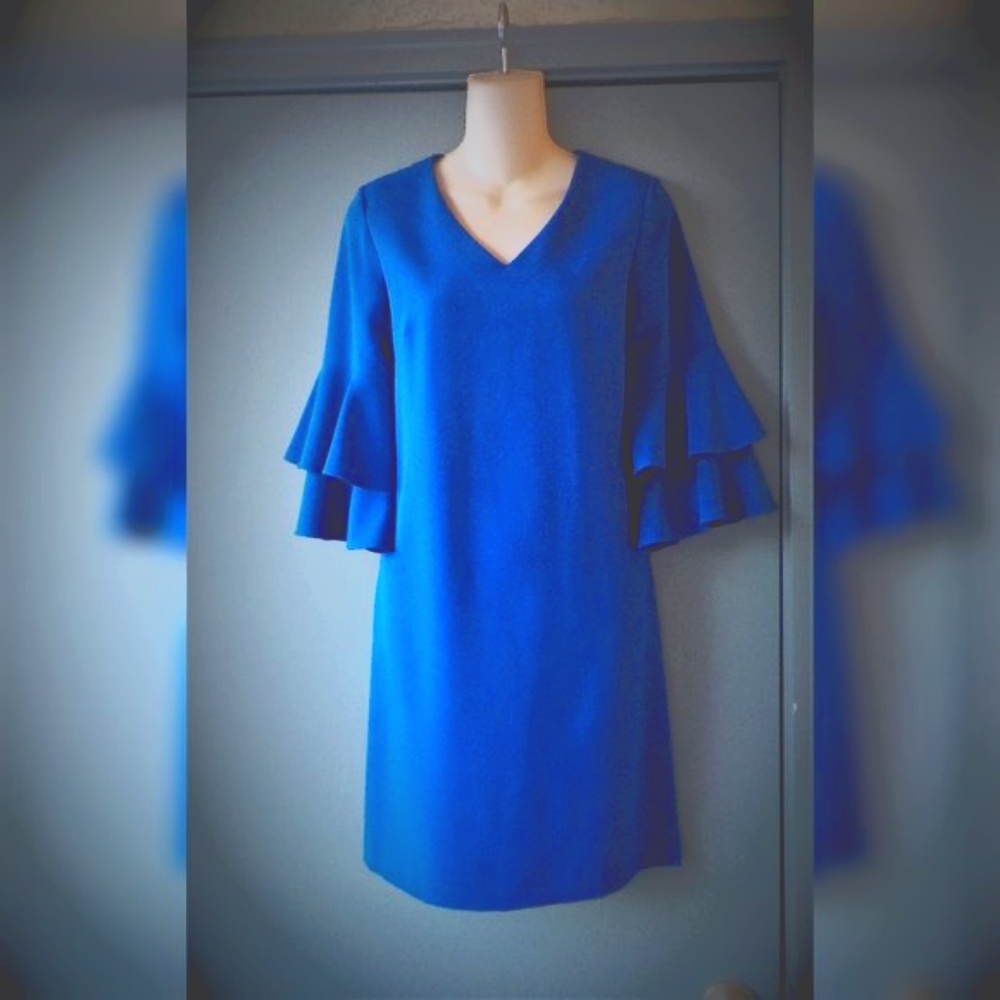 Blue Tahari Ruffled Bell Sleeve Shift Dress- Size 2
